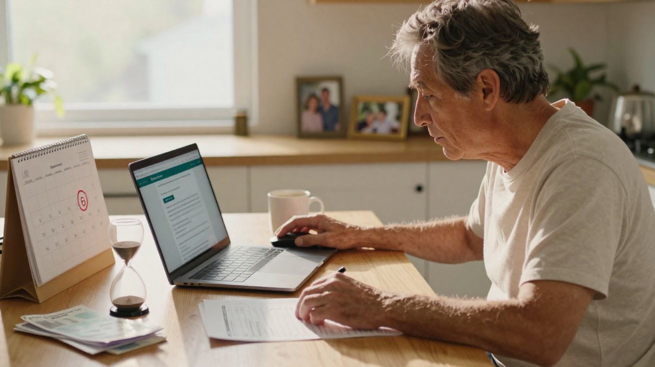 Homem idoso sentado a usar portátil na cozinha, com calendário e ampulheta na mesa à sua frente.