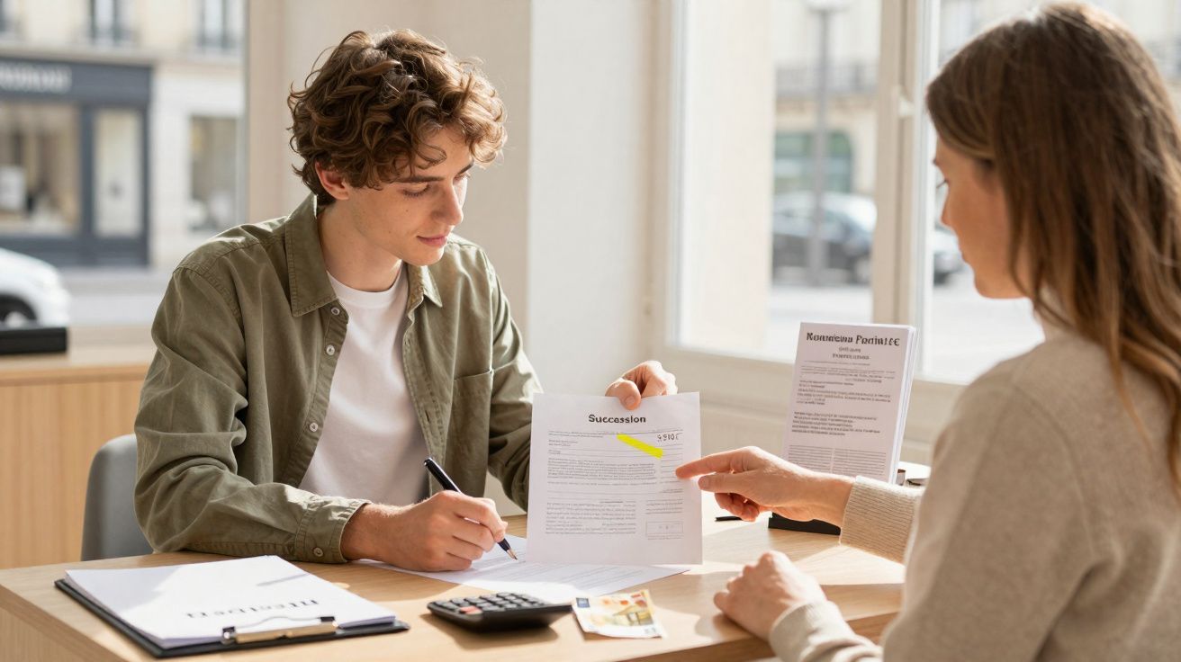 Jovem a assinar documentos numa mesa com uma mulher a explicar detalhes escritos numa folha.
