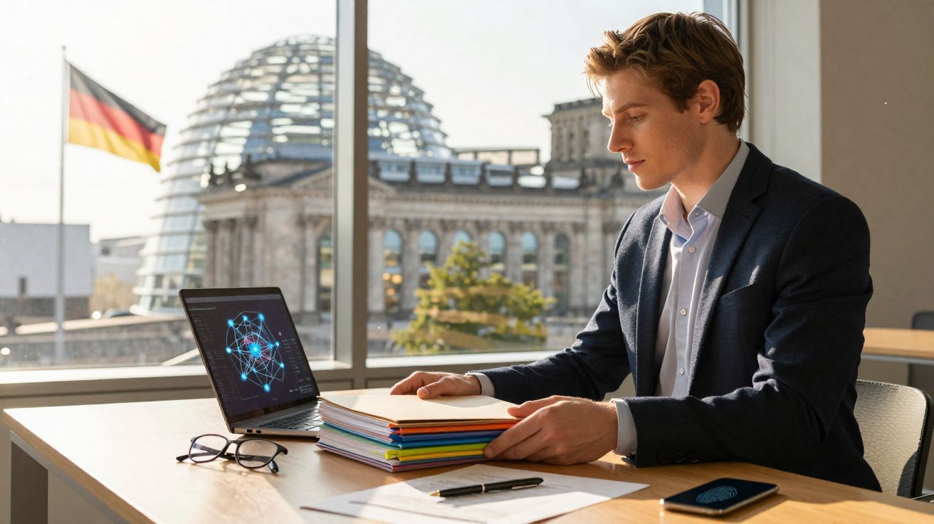 Homem jovem em escritório a trabalhar com laptop, documentos e vista do edifício Reichstag em Berlim.