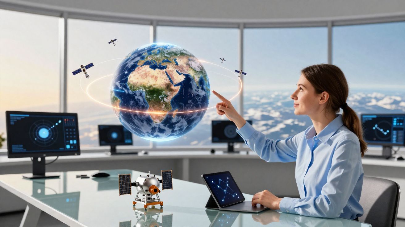 Mulher num laboratório de controlo espacial interage com holograma do planeta Terra e satélites em redor.