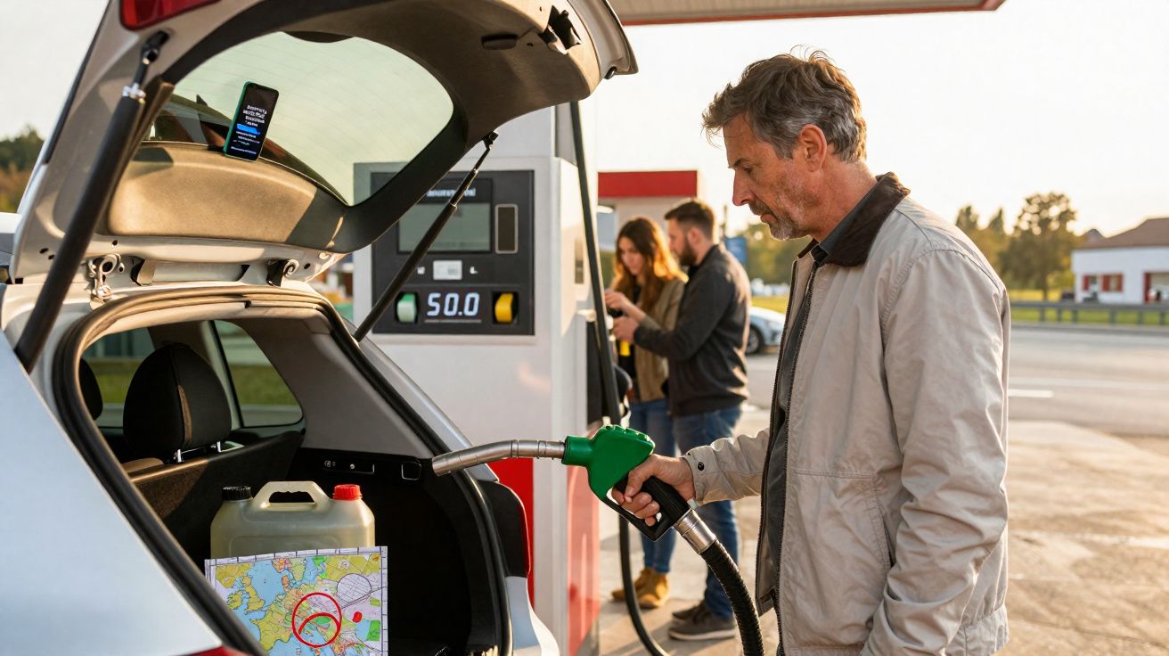 Homem a abastecer o depósito de combustível de um carro num posto de gasolina ao entardecer.