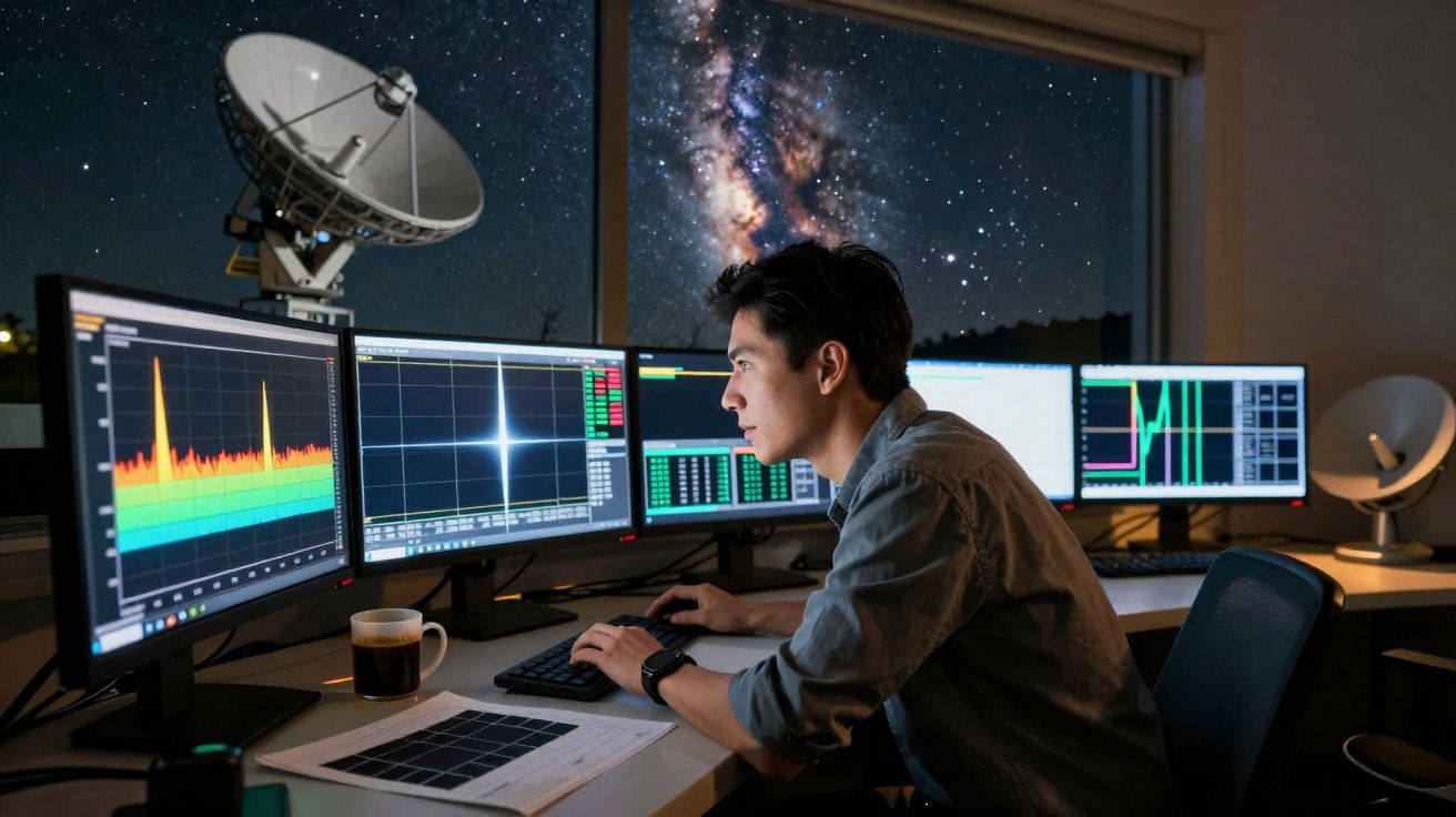 Homem a analisar dados em vários ecrãs num laboratório de astronomia com via láctea visível pela janela.