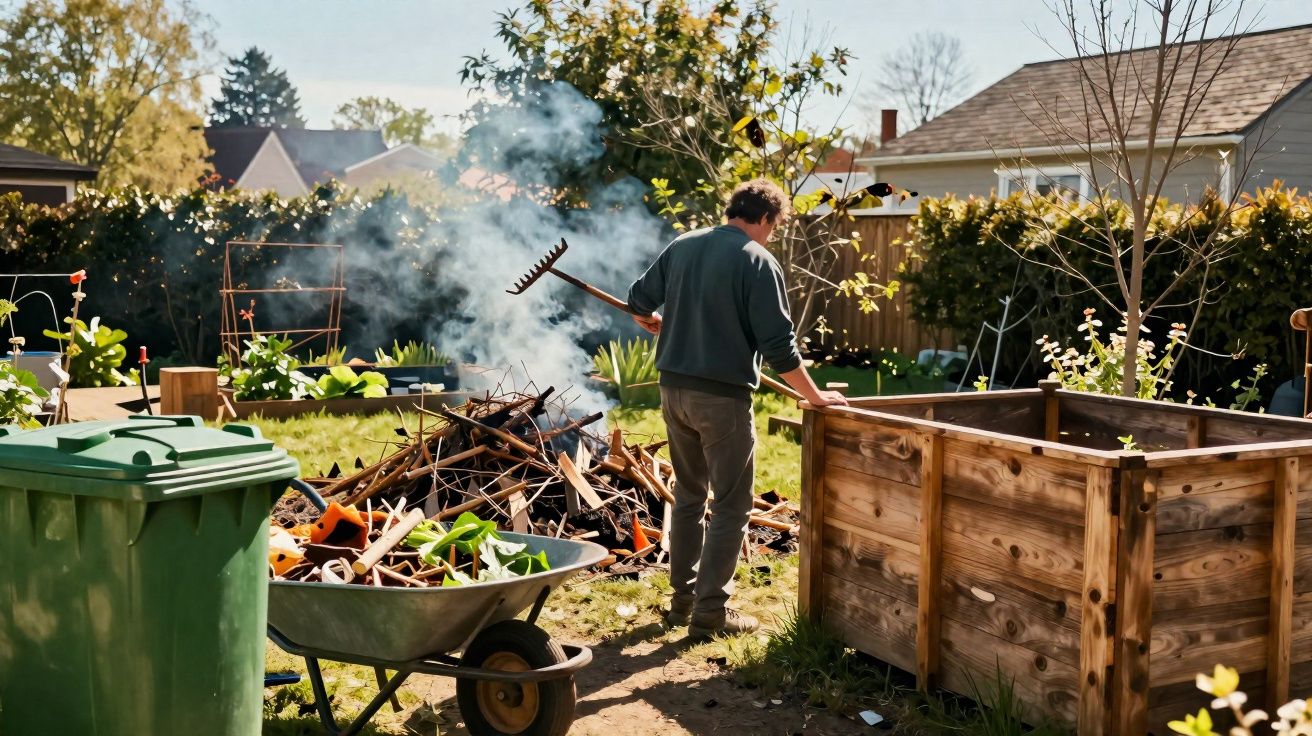 Homem a sombrear um fogo de ramos secos no jardim com compostor de madeira e carrinho de mão perto.