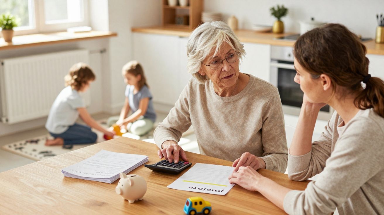 Idosa e mulher a discutir documentos financeiros numa mesa, crianças a brincar ao fundo numa sala iluminada.