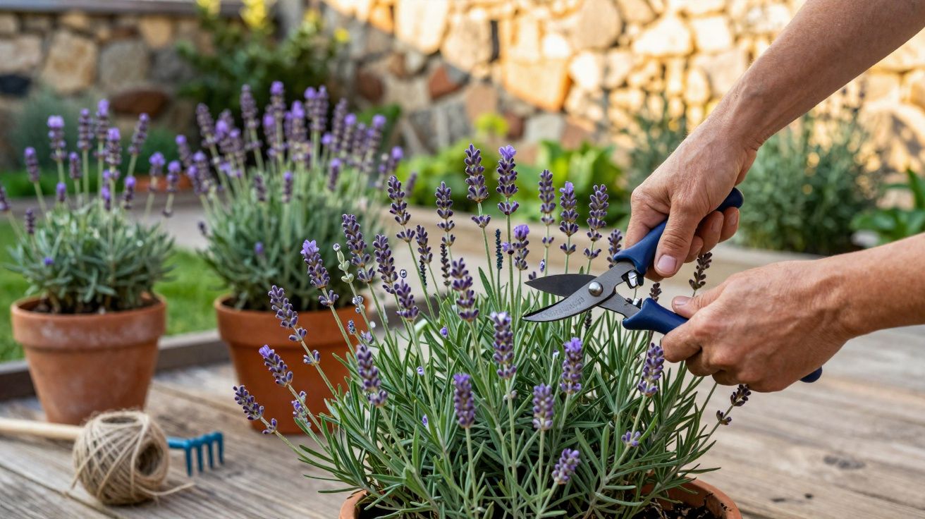 Mãos a podar flores de lavanda roxa num vaso de barro com tesoura de jardinagem.
