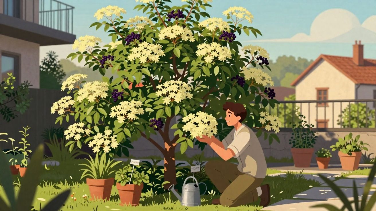 Homem ajoelhado a cuidar de árvore florida num jardim com vasos e casas ao fundo.