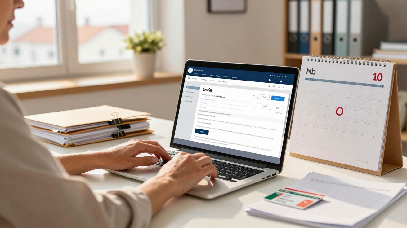 Pessoa a usar portátil para enviar e-mail numa secretária com calendário assinalado no dia 10.