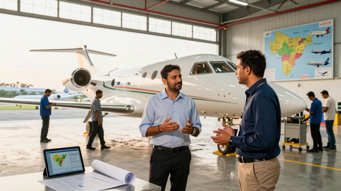 Dois homens conversam numa garagem de aviões com jatos privados e mapas em fundo.