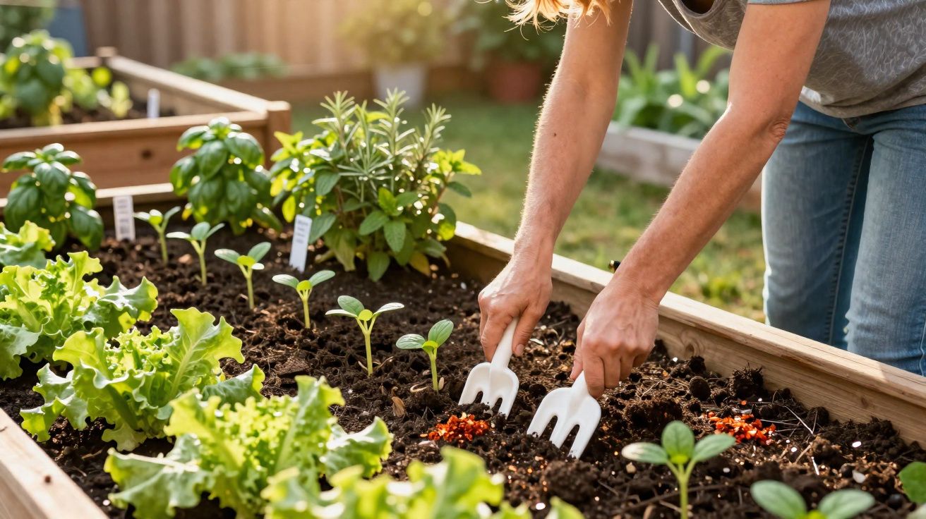 Pessoa a cuidar de plantas jovens numa horta elevada, usando ferramentas pequenas para mexer a terra.