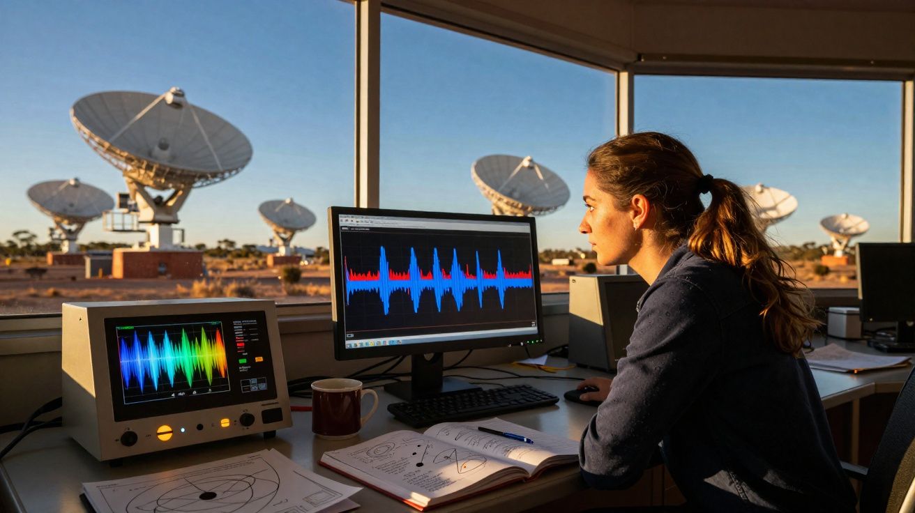 Mulher a analisar ondas sonoras em monitores com antenas parabólicas visíveis através da janela ao fundo.