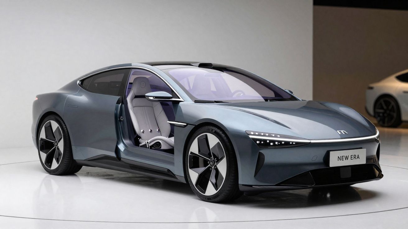 Carro elétrico cinzento com design futurista e porta dianteira esquerda aberta, interior em tons claros.