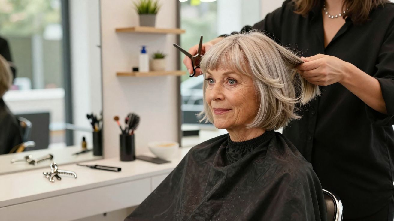 Mulher sénior a receber corte de cabelo num salão de beleza, sentada com capa preta.