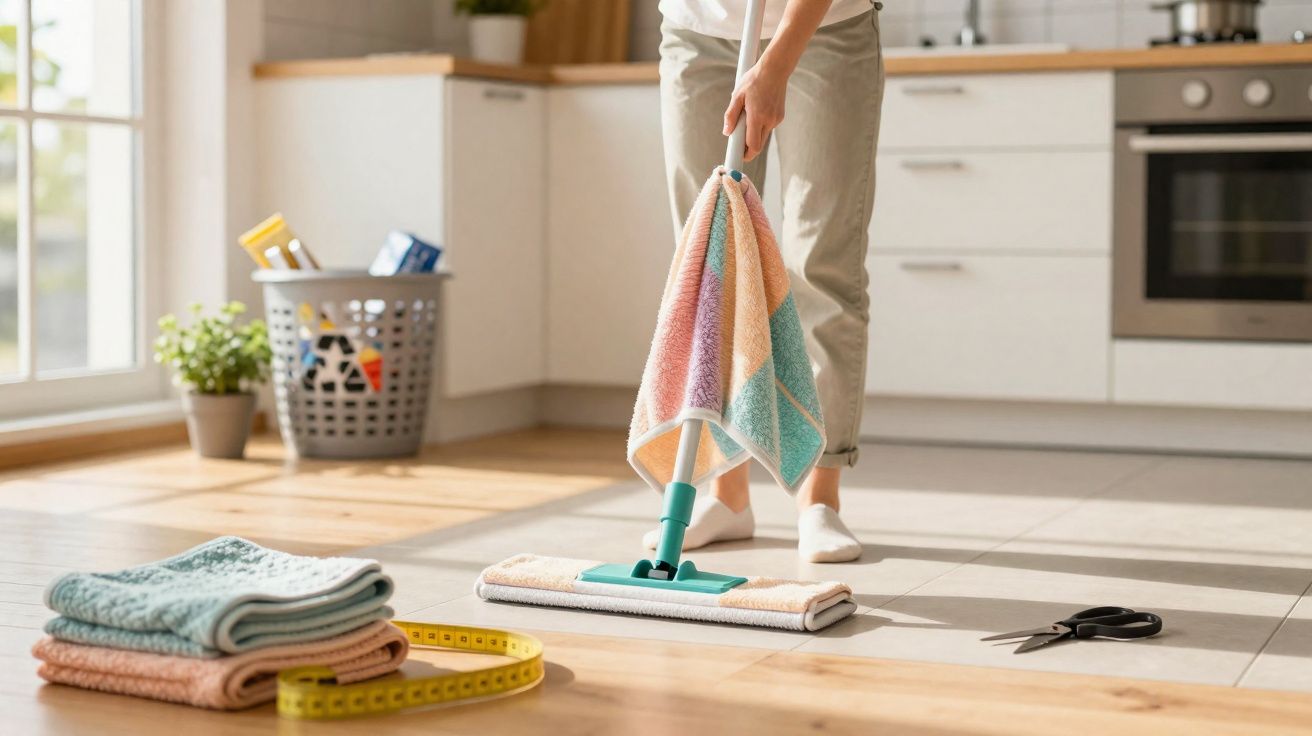 Pessoa a limpar chão da cozinha com esfregona e pano colorido, com toalhas e objetos no chão.