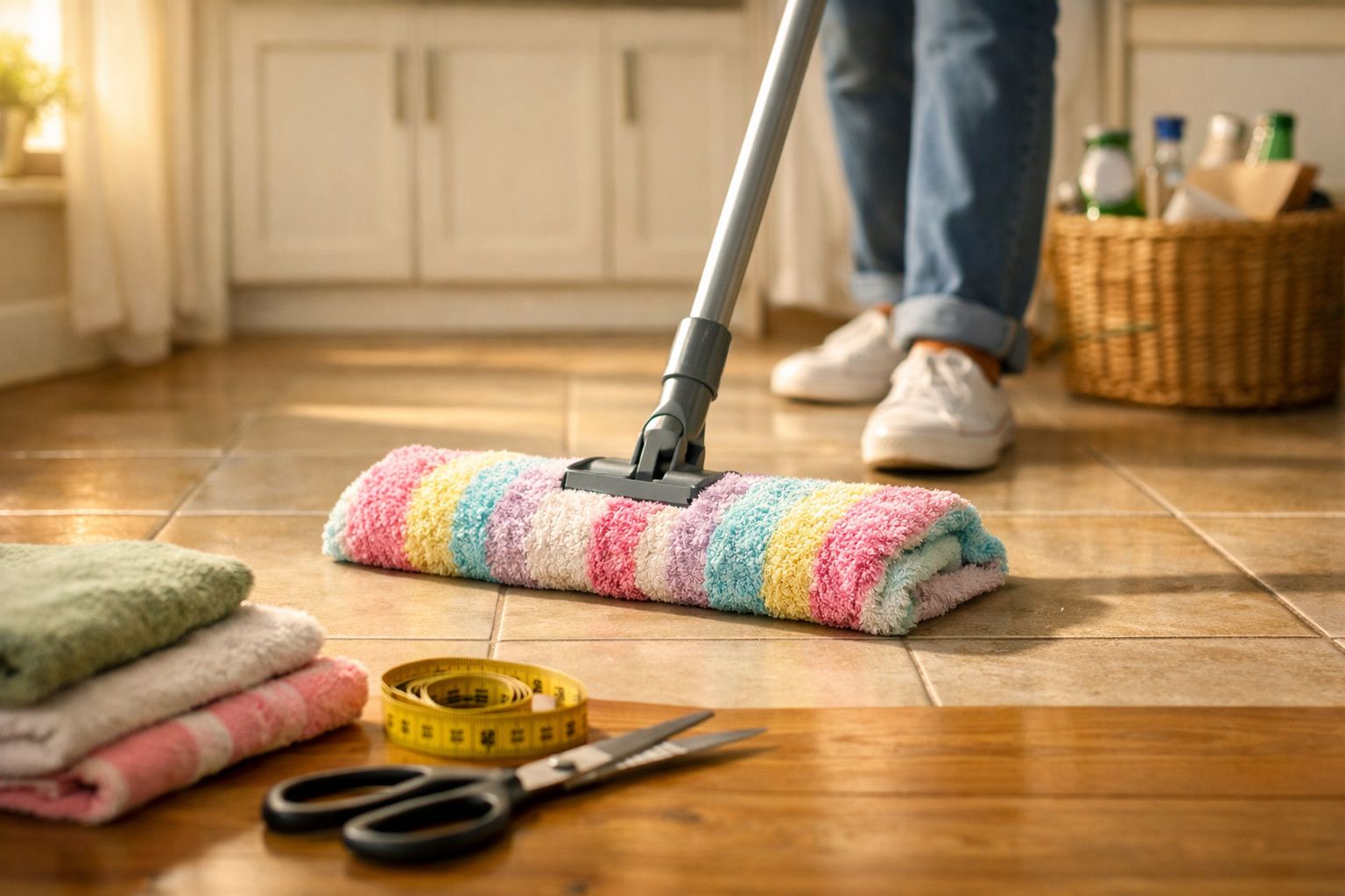 Pessoa a limpar chão de azulejo com esfregona colorida e material de costura num ambiente doméstico.