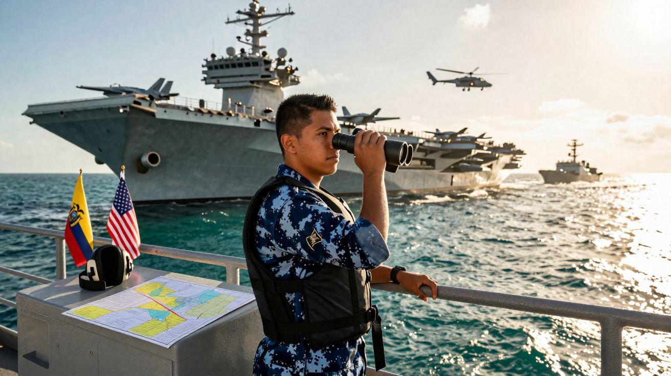 Marinheiro de farda azul observa pelo binóculo próxima a porta-aviões com helicóptero e outro navio no mar.