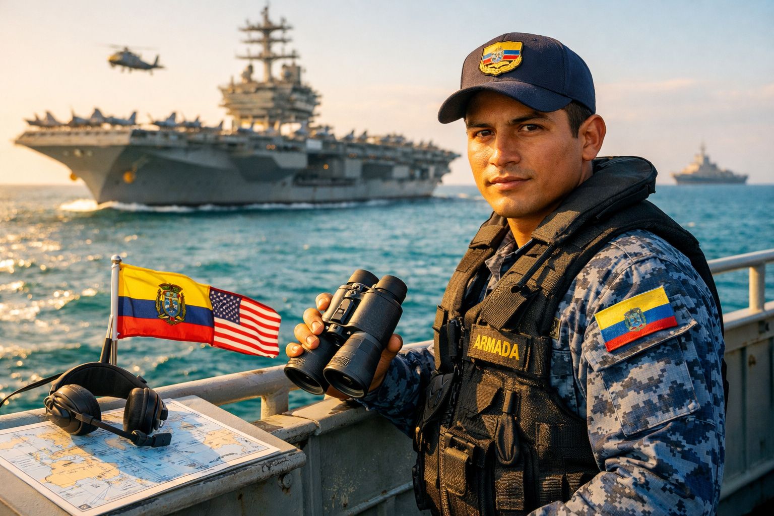 Marinheiro da Armada do Equador com binóculos no convés, à frente de porta-aviões e bandeiras do Equador e EUA.