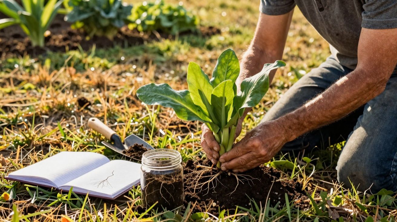 Pessoa a plantar uma muda numa horta ao ar livre, com livro, jarro de terra e enxada ao lado.