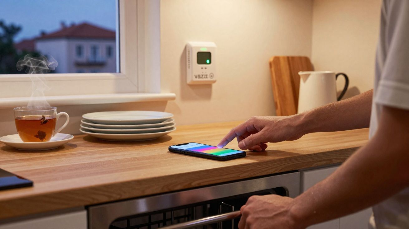 Mão a tocar num telemóvel numa bancada de cozinha com chá quente, pratos empilhados e jarro ao fundo.