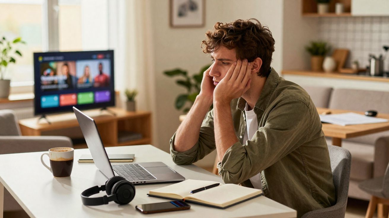 Homem com expressão cansada ou estressada sentado à mesa com computador portátil e material de trabalho.
