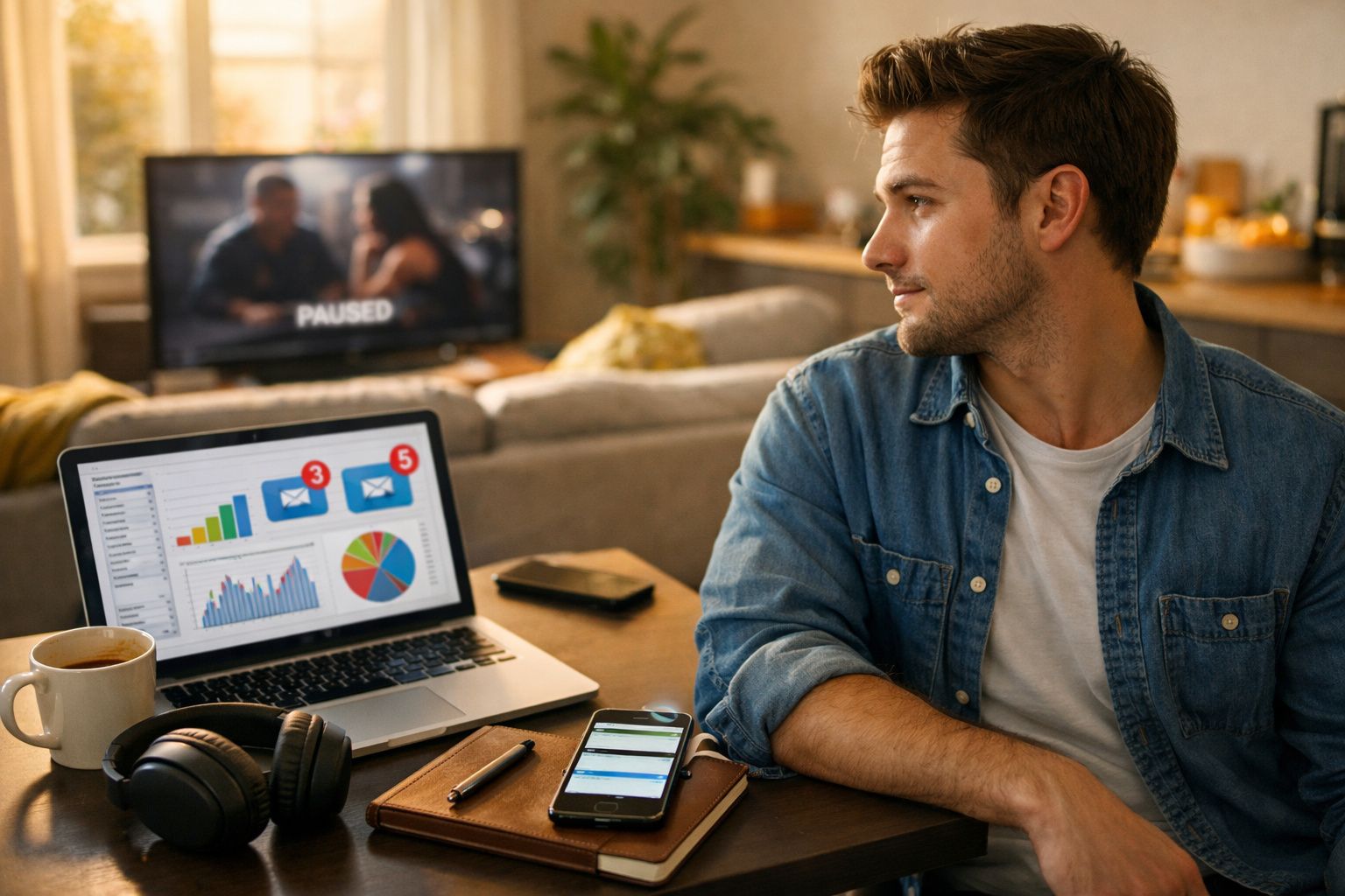 Homem sentado à mesa a olhar para o lado com laptop, telemóvel, auscultadores e café, sala com TV ao fundo.