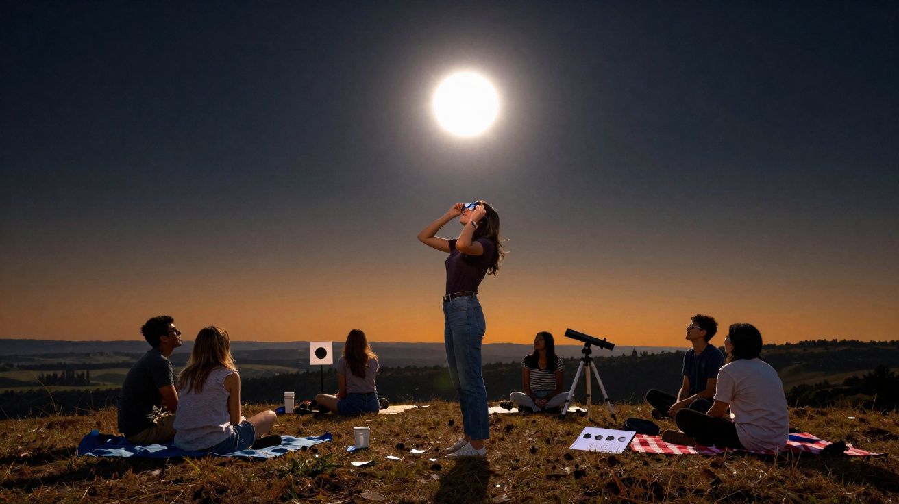 Grupo de pessoas observam o céu ao pôr do sol com telescópio e livros num campo aberto.