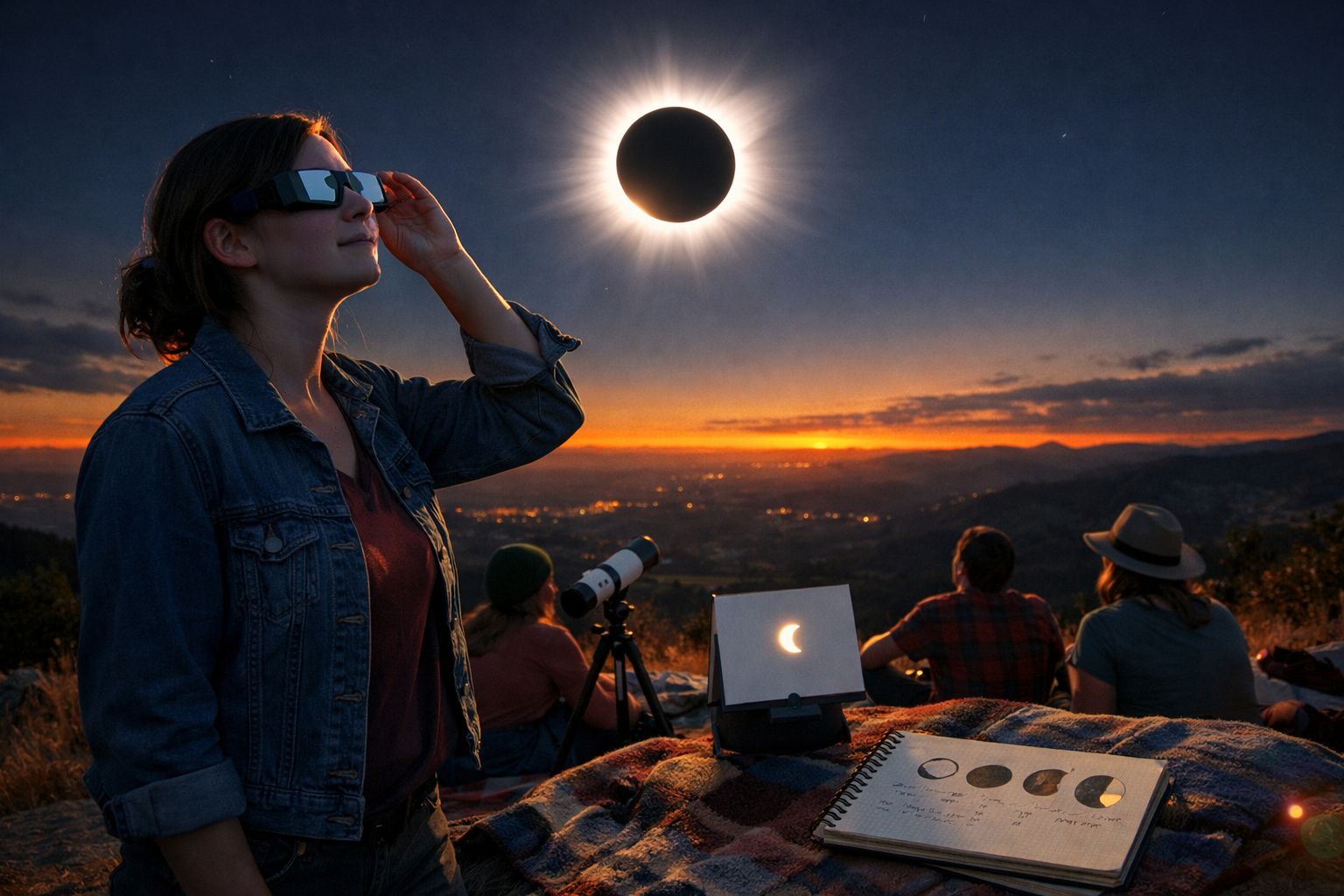 Pessoa de óculos especiais observa eclipse solar, com grupo e equipamento astronómico ao pôr do sol.