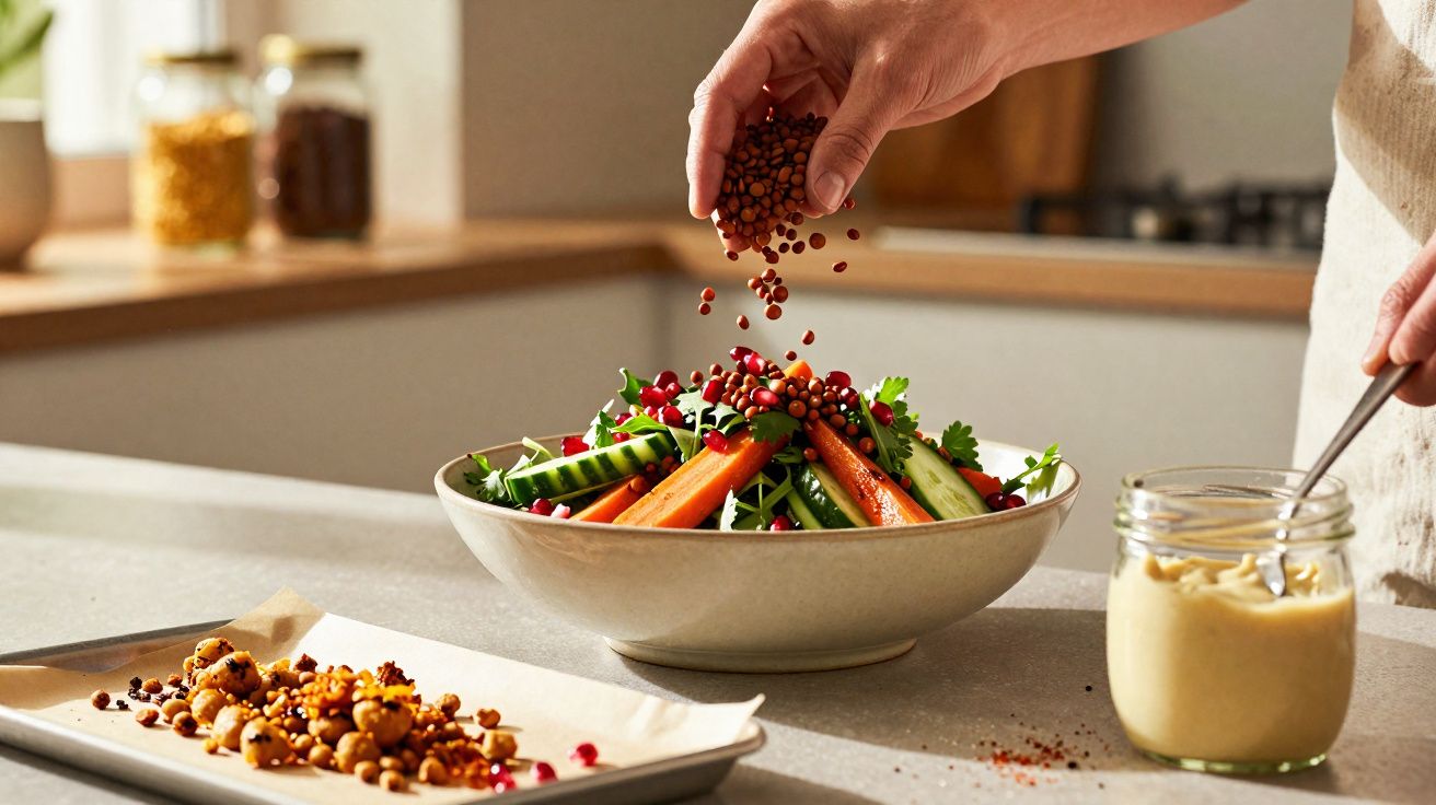 Pessoa a salpicar sementes numa salada fresca com cenoura e pepino na cozinha moderna.