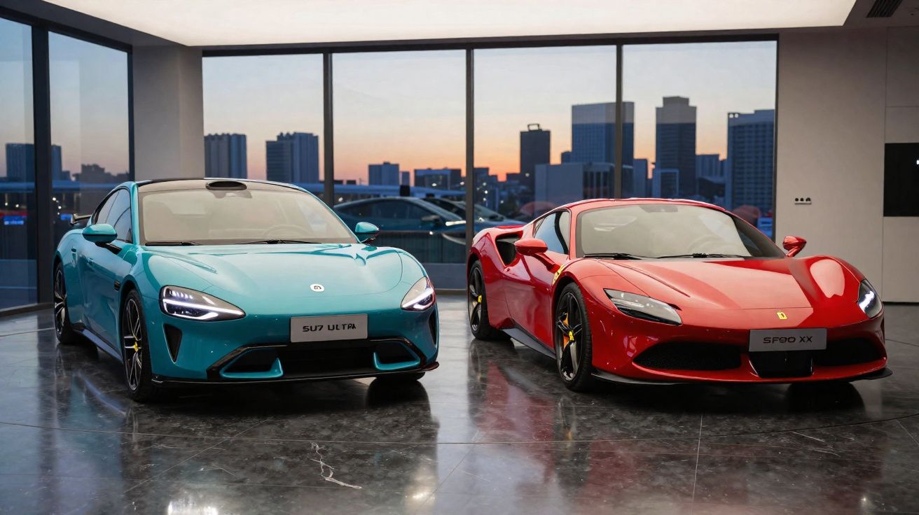 Dois carros desportivos, azul e vermelho, estacionados lado a lado numa garagem com janelas e vista urbana ao entardecer.