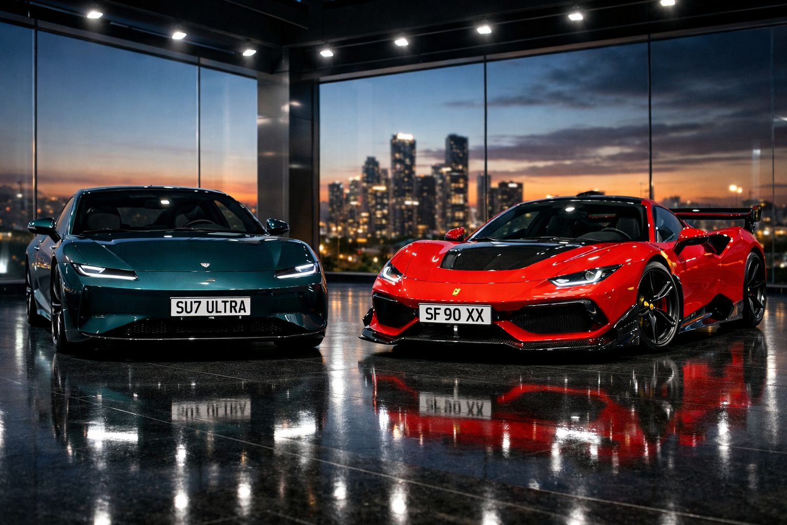 Dois carros desportivos, um verde e outro vermelho, estacionados num salão com vista para a cidade ao entardecer.