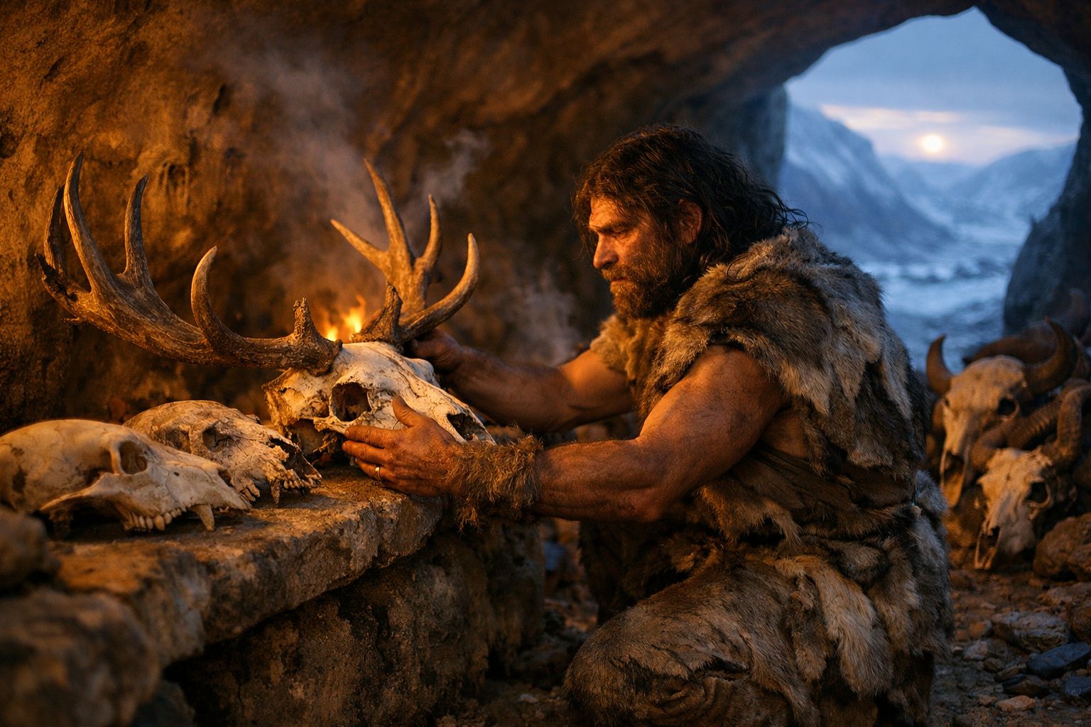 Homem pré-histórico com pele de animal segura crânio de veado com chifres numa gruta ao pôr do sol.