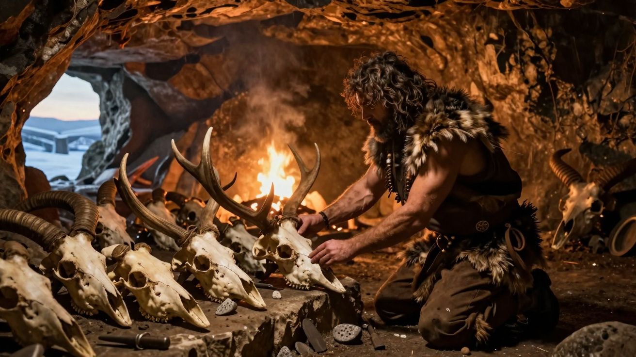 Homem pré-histórico ajoelhado junto a crânios de animais com chifres numa caverna iluminada por uma fogueira.