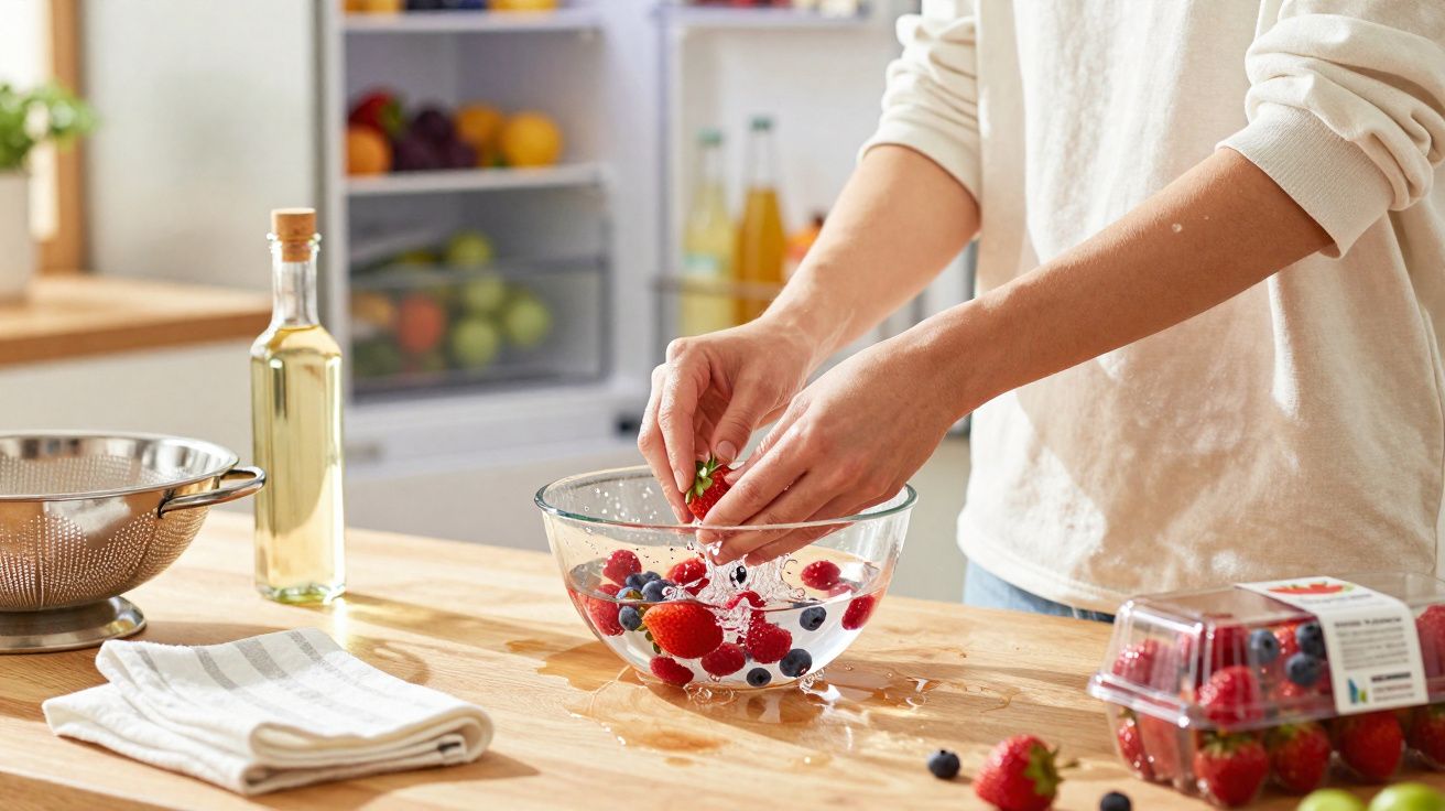 Pessoa lavando morangos e frutos vermelhos numa taça de vidro numa cozinha iluminada.