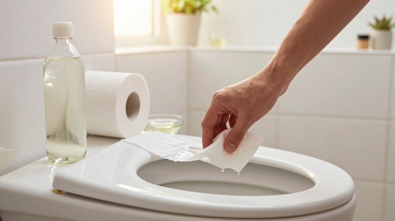 Mão limpa banco da sanita com papel, ao lado garrafa de líquido e rolo de papel higiénico num WC claro.