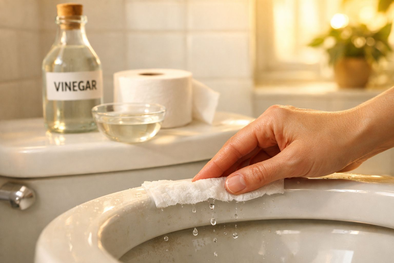 Mão a limpar borda de sanita com papel húmido, frasco de vinagre e rolo de papel em cima do autoclismo.