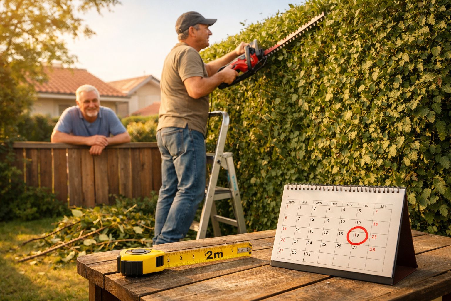 Homem a aparar sebes com tesoura elétrica enquanto outro observa, com fita métrica e calendário em destaque.