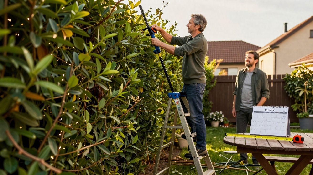 Homem em escada a podar sebe com ferramenta, outro homem observa num jardim residencial ao pôr do sol.