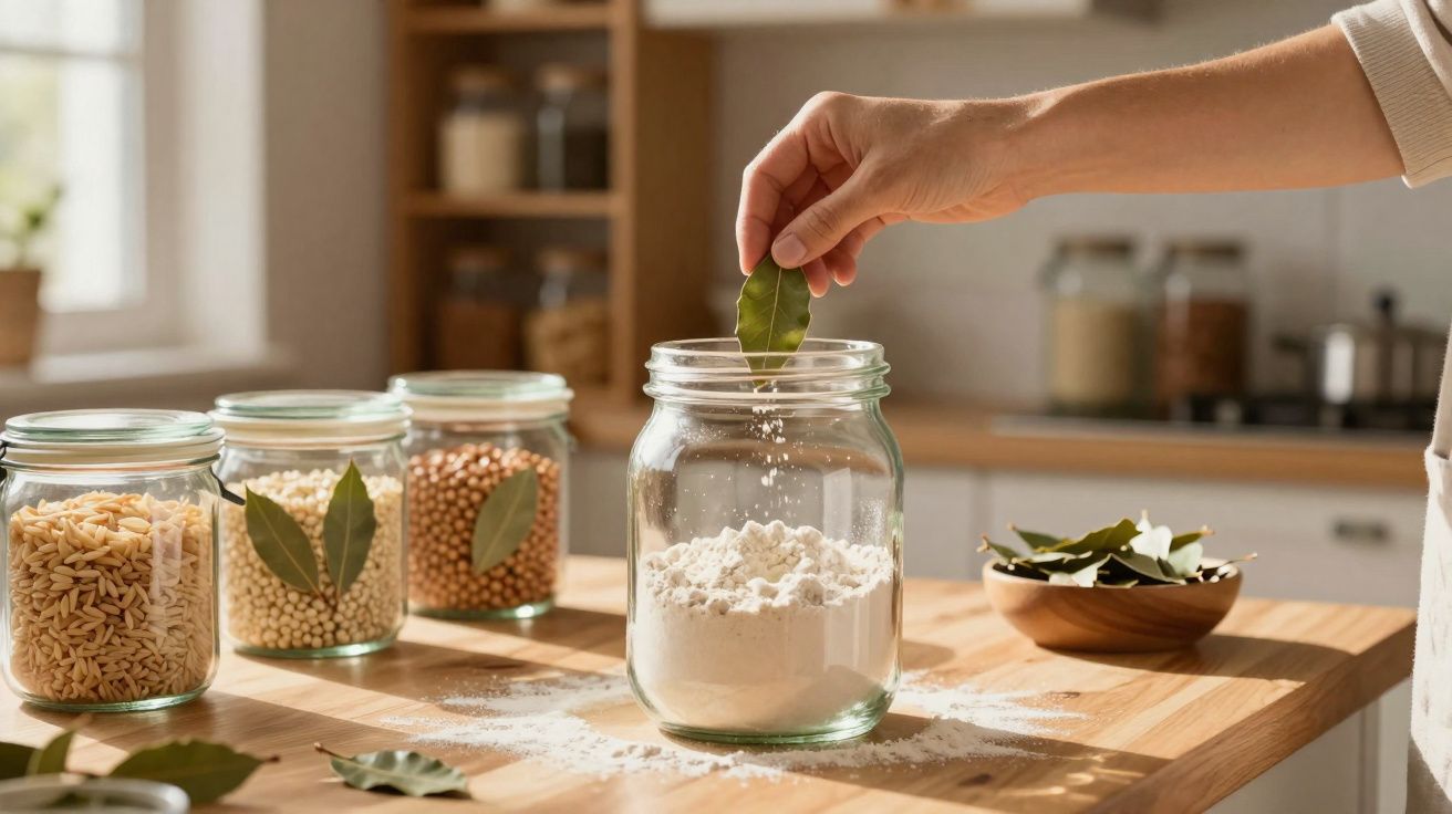Mão a colocar folha de louro em frasco com farinha numa cozinha luminosa com frascos e especiarias.