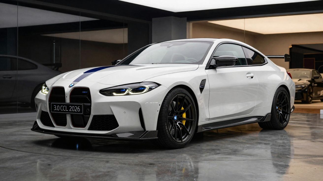 Carro desportivo branco BMW M4 G82 estacionado em pavimento interior com jantes pretas e detalhes amarelos.