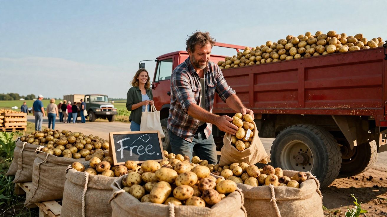 Homem a encher um saco com batatas grátis numa feira ao ar livre junto a um camião carregado.