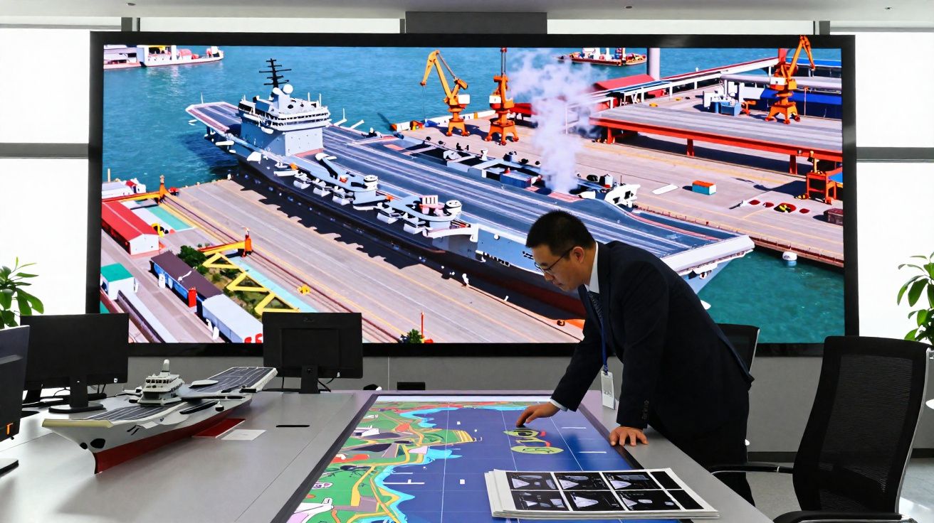 Homem a analisar um mapa digital com modelo de porta-aviões em sala de controlo com ecrã gigante ao fundo.