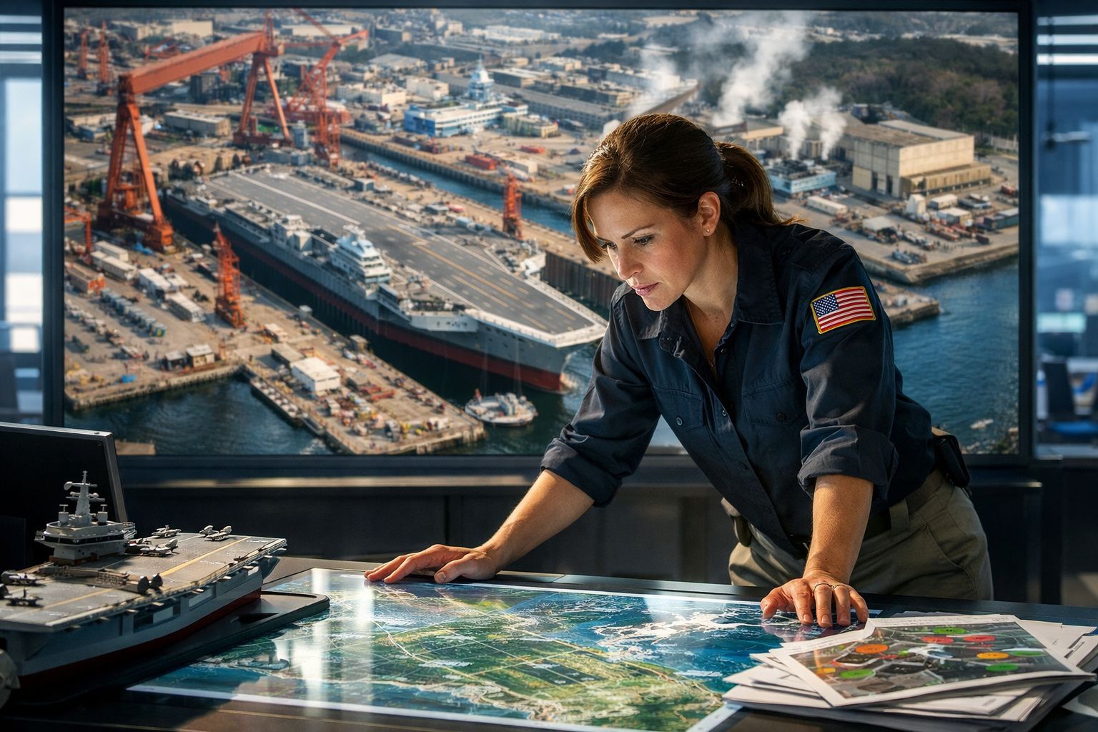 Mulher em uniforme naval dos EUA analisa mapas numa sala com vista para um porto e um grande porta-aviões.