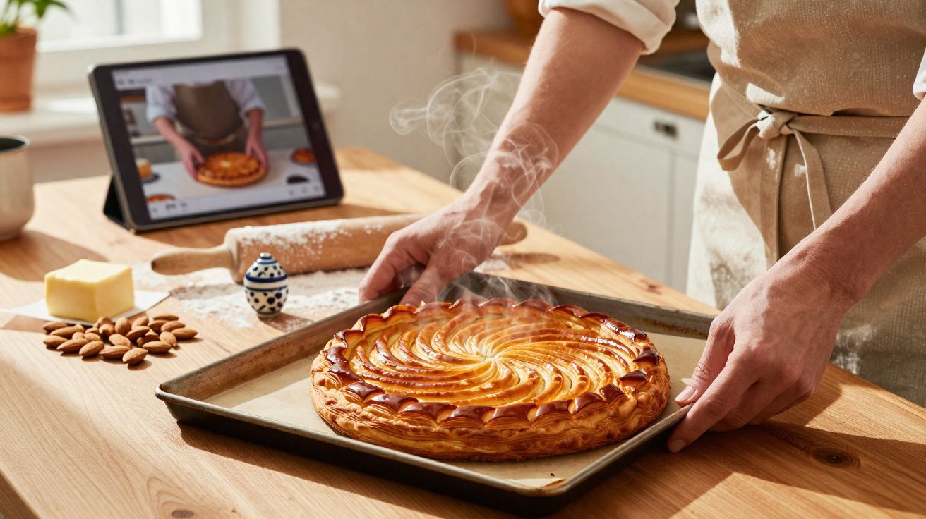 Mãos a retirar do forno tarte quente e fumegante numa forma, numa cozinha com ingredientes e tablet ao fundo.
