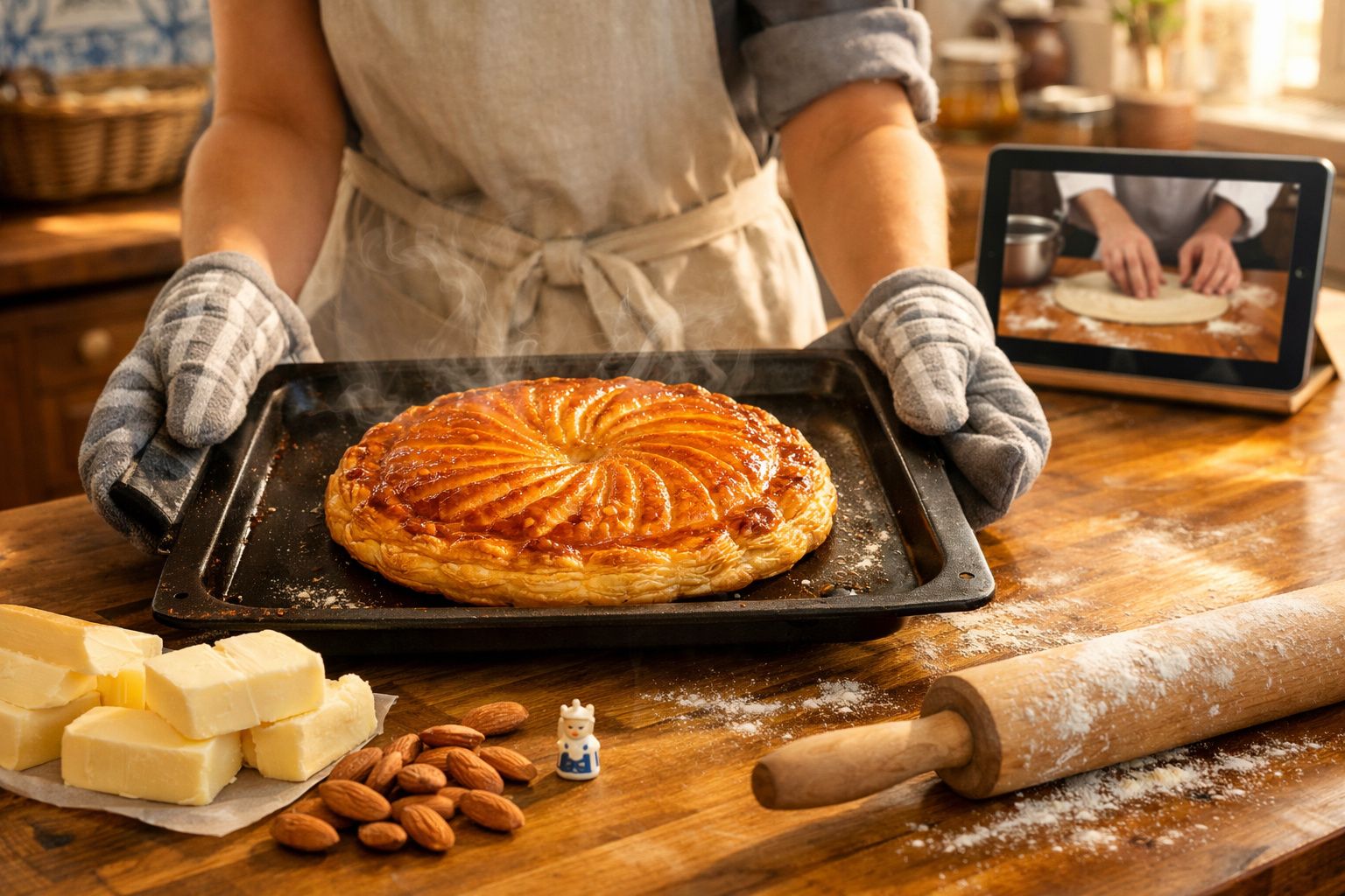 Pessoa a tirar do forno uma galette des rois dourada, com ingredientes e tablet na bancada de cozinha.