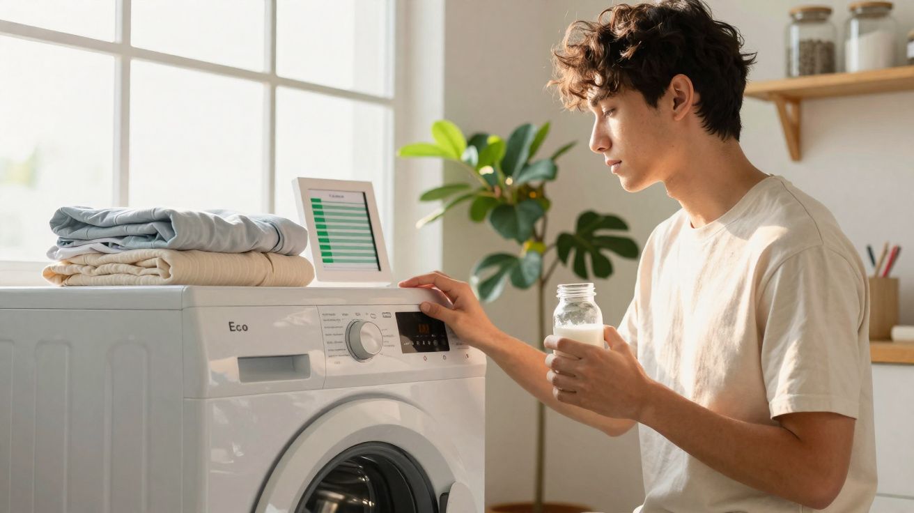 Jovem a colocar detergente na máquina de lavar roupa numa cozinha clara e organizada.