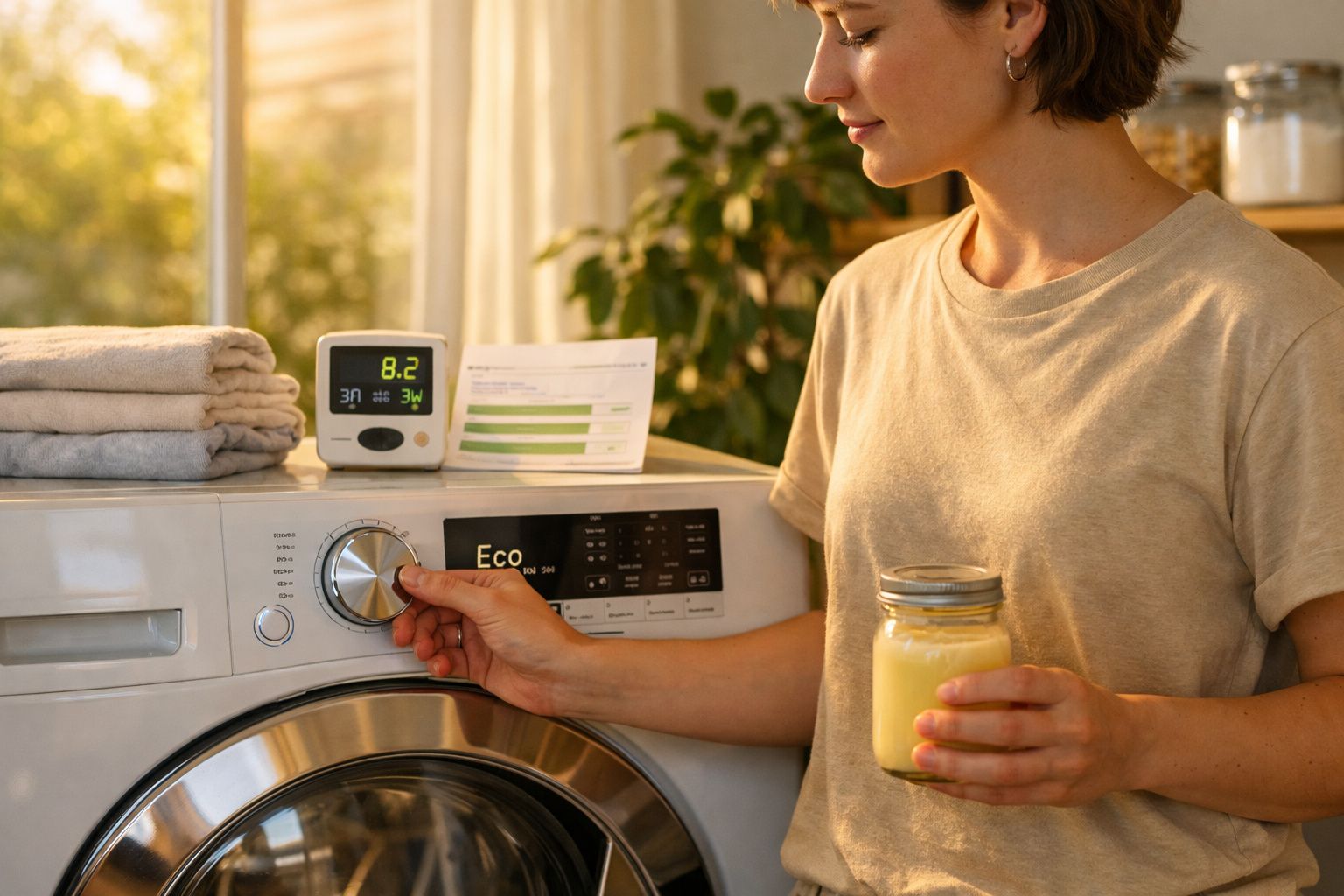 Mulher ajusta a máquina de lavar roupa em modo Eco segurando frasco, com toalhas e monitor de energia ao lado.