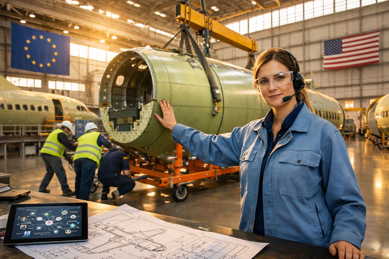 Mulher engenheira com óculos e auricular numa fábrica de montagem de aviões, com trabalhadores ao fundo.