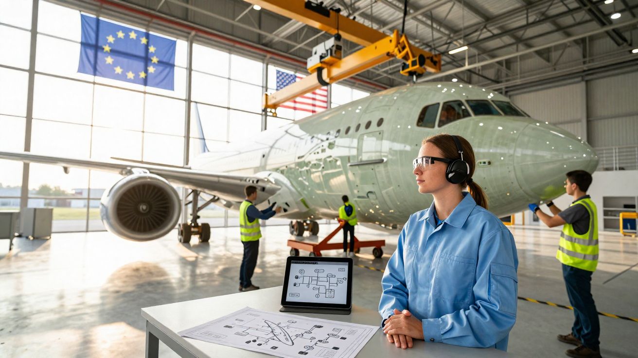 Engenheira na oficina de aviões a controlar manutenção com técnicos e um avião em fundo desfocado.