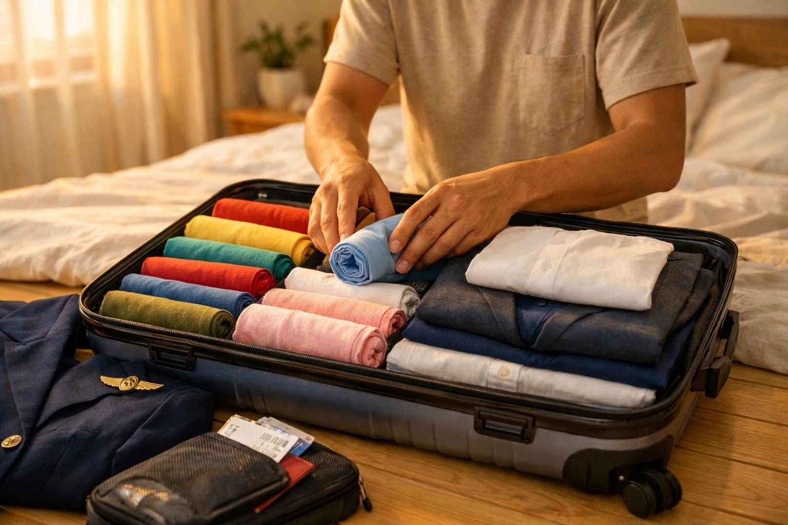 Pessoa a organizar roupa colorida dobrada dentro de uma mala preta para viagem numa cama.