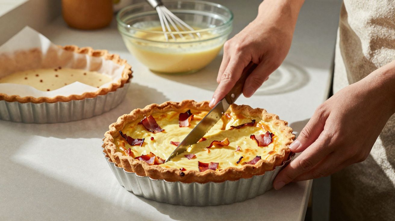 Pessoa a cortar uma quiche com pedaços de bacon, ao lado outra quiche e um recipiente com mistura líquida.