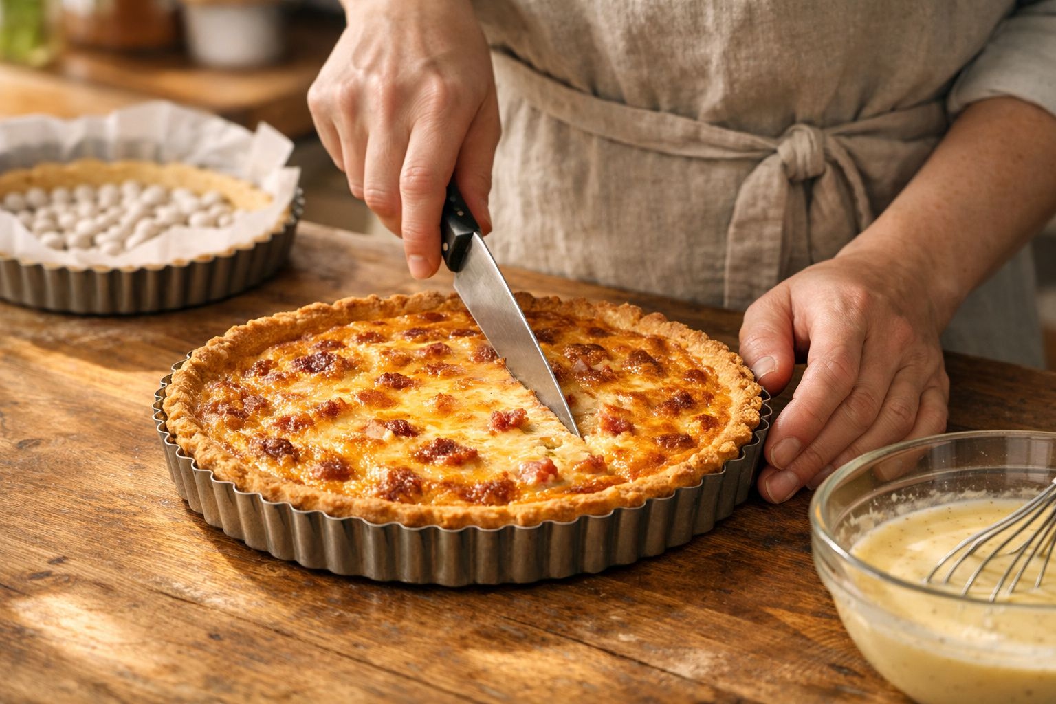 Pessoa a cortar uma quiche dourada numa forma metálica sobre uma mesa de madeira.